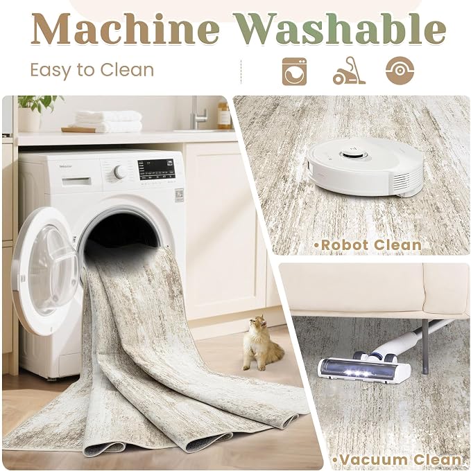 Washable 2x8 Runner Rug for Hallway: Kitchen Runner Non Slip Neutral Soft Abstract Modern Low Pile Stain Resistant Carpet Runner for Entryway Bedroom Bathroom Laundry Indoor Floor (Beige, 2'x8')