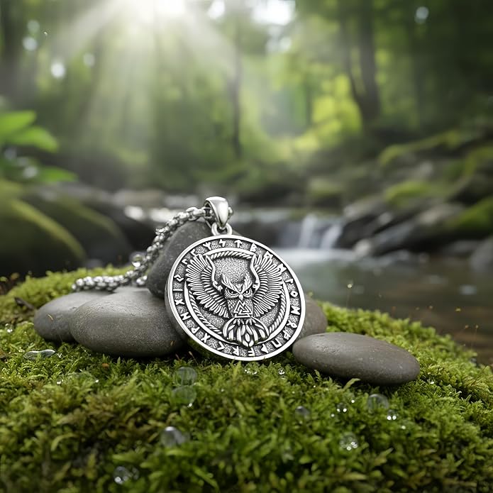 CRMAD Viking Owl/Raven Necklace Vintage Animal Totem Pendant Rune of Lune Jewelry Gift for Men and Women 24 in Chain
