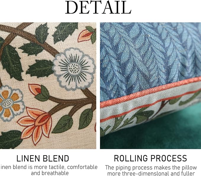 ISAENNE Vintage Linen Throw Pillow Cover,Set of 2,20"x12"-Naples C | Designer French Elegant Pillow Cover,Concealed Zipper Design,Floral Pattern,Sofa,Bedroom,Living Room,Lounge Chairs