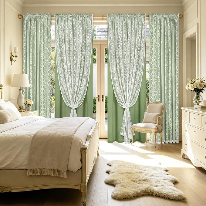 ASPMIZ Linen Curtains for Living Room Double Layer Curtains with Linen Lace, Sage Green Curtain for Bedroom Light Filtering, Rod Pocket Drapes 84 Inch Length 2 Panels Set with 2 Tiebacks, 52x84