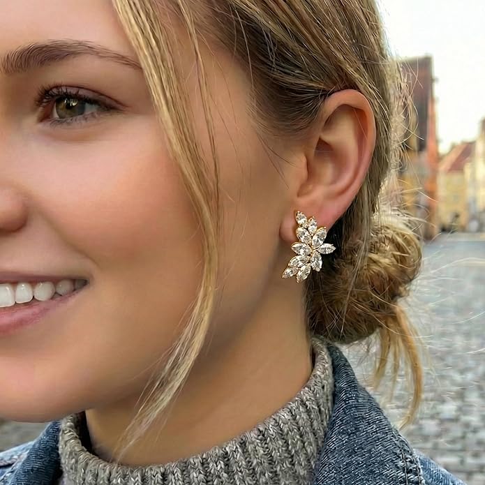 Mariell Clip-On Cubic Zirconia Crystal Bridal Earrings, Marquise Shape CZ Curved Clusters, Women Earrings for Wedding, Bridesmaids, Homecoming, Mother of the Bride