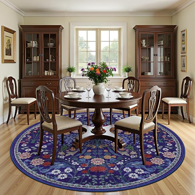 Round Area Rug for Living Room: 8 ft Floral Washable Circle Rug Soft Boho Non-Slip Carpet Indoor Floor Stain Resistant Low Pile Small Circular Rug for Bedroom Entryway Kitchen Nursery Blue
