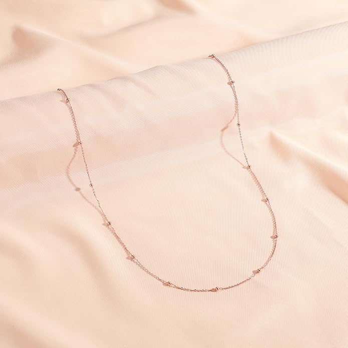 Carffordo 925 Sterling Silver Chain Necklace 16K Gold Plated Beaded Chain Necklace for Women Simple Dainty Choker Necklace Satellite Waterproof Link Necklace Trendy Jewelry Gifts