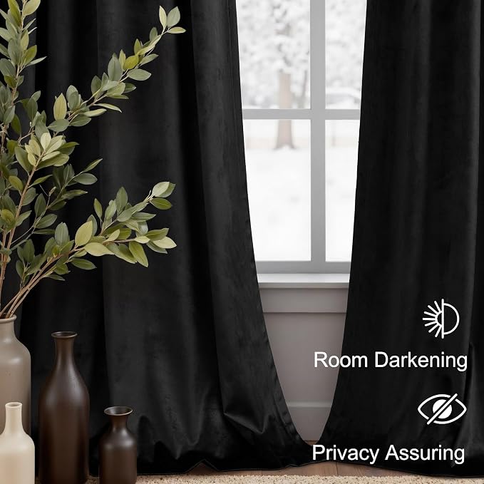 Black Out Velvet Curtains 96 Inches Long for Bedroom 2 Panels Mid Century Modern Soft Heavy Soundproof Noise Reduction Thermal Insulating Drapes Gothic Curtains for Living Room Ceiling to Floor Length