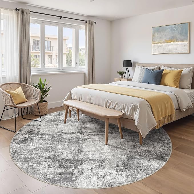 DMOYEST 8ft Round Area Rug for Living Room - 8x8 Washable & Non Slip Circle Rug, Kid & Pet Friendly Soft Low Pile Abstract Carpet for Bedroom and Dining Room - Grey