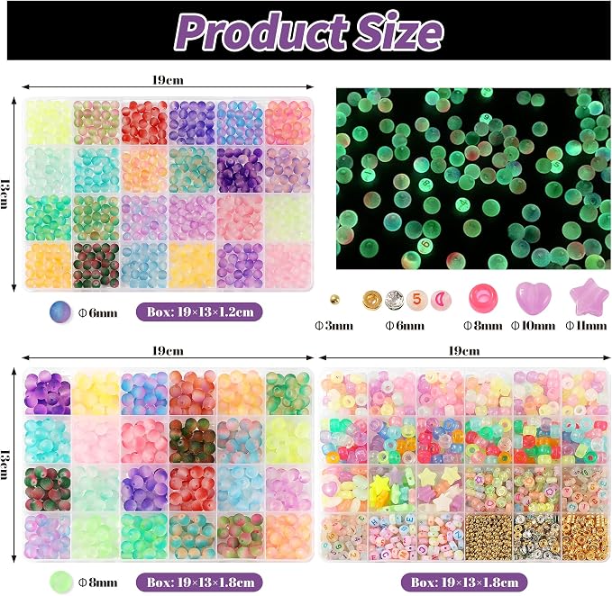 RACIOCK 3 Box Glow in The Dark Beads for Jewelry Making Kit - 1890Pcs Glow Craft Beads with Crystal Beads, Letters, Numbers & Pony Beads for Bracelet Necklace Earrings Making, DIY Craft & Party Decor