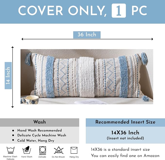 BlissBlush 14x36 Lumbar Pillow Cover for Bed, Rectangular Long Decorative Throw Pillowcase, Boho Accent Cushion with Blue Tufted Pattern and Tassels, Cream Neutral (Cover Only)