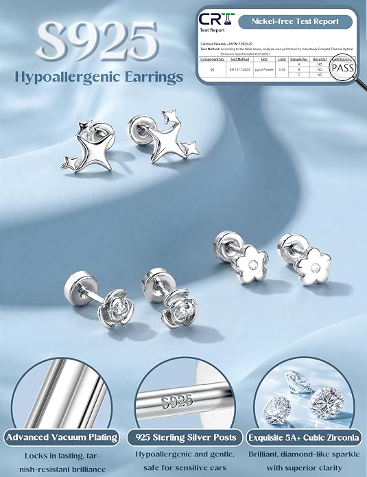 ORAZIO 925 Sterling Silver Flat Back Stud Earrings for Women Hypoallergenic 14K Gold Plated Cartilage Earrings for Sensitive Ears Small CZ Opal Conch Helix Tragus Piercing Jewelry 3 Pairs 20G