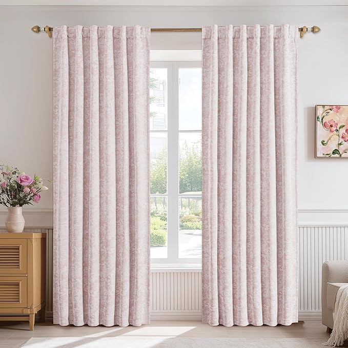 Beauoop Pink Floral Jacquard Blackout Curtains for Bedroom 52x63 2 Panels | Flower Chenille Room Darkening Drapes for Living Room 63 Inch Long Thermal Insulated Soundproof Window treatment Rod Pocket