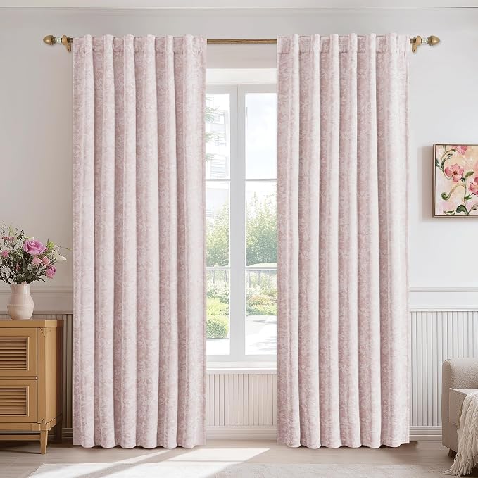 Beauoop Pink Floral Jacquard Blackout Curtains for Bedroom 52x72 2 Panels | Flower Chenille Room Darkening Drapes for Living Room 72 Inch Long Thermal Insulated Soundproof Window treatment Rod Pocket