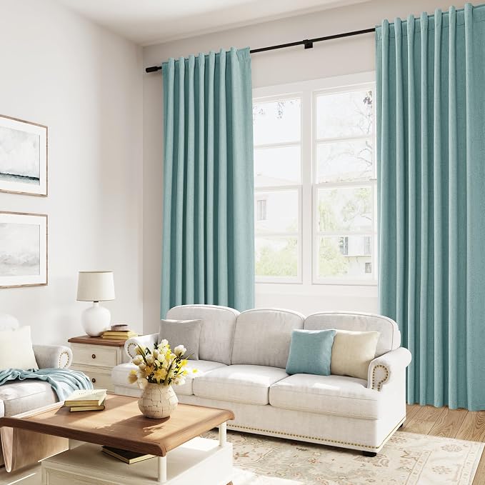Guken 100% Blackout Linen Curtains 90 Inch Length 2 Panels Set for Living Room Bedroom Back Tab Thermal Insulated Black Out Linen Drapes Room Darkening Window Curtains,Light Blue