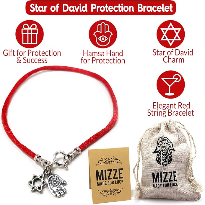 Sterling Silver Star of David Charm & Lucky Hamsa Hand Charms Bracelet on Red String Bracelet - Jewelry for Women Men & Teens - 7" Length