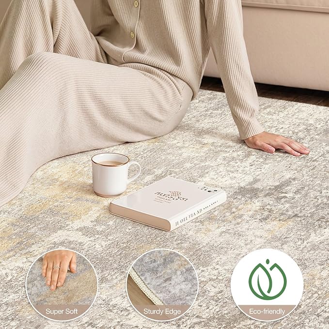 cotiled 10x12 Area Rug Abstract Soft Non Slip Washable Rugs for Living Room | Stain Resistant, Robot Vacuum & Pet Friendly, Low-pile, For Living Room, Bedroom, Dining Table, Nursery Gold/Grey/Brown