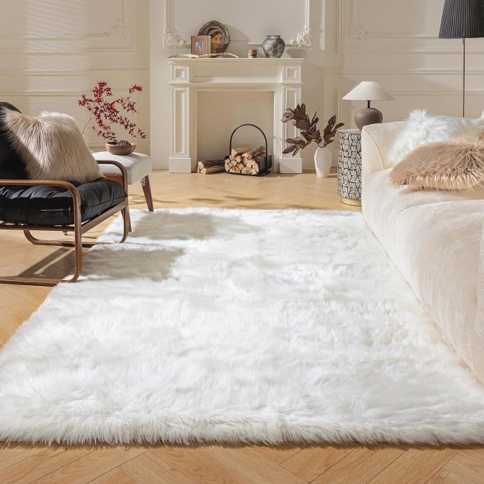 Ashler Home Deco Faux Fur Rug, Fluffy Shaggy Area Rug Ultra Soft 5 x 7 Feet Rectangle White Fuzzy Rug Machine Washable Shag Rug for Nursery, Bedroom, Kids Room, Living Room