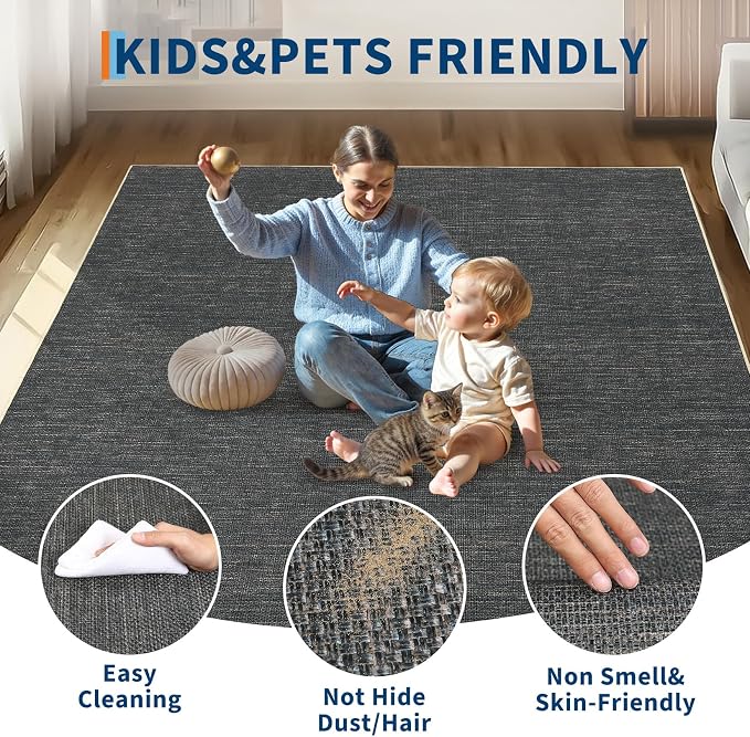 GarveeHome 5x7 Washable Rug for Bedroom Solid Easy Jute Living Room Rugs | Non Slip Modern Neutral Bordered Stain Resistant Indoor Throw Carpet for Nursery Kitchen Dining Room Entryway, Grey