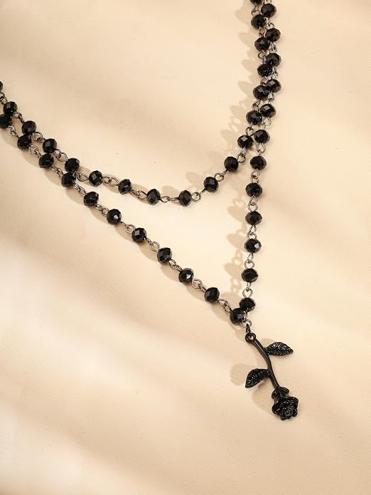 Sacina Layered Black Beaded Rose Choker, Gothic Emo Grunge Necklace, Goth Jewelry, Halloween Christmas Jewelry Gift for Women