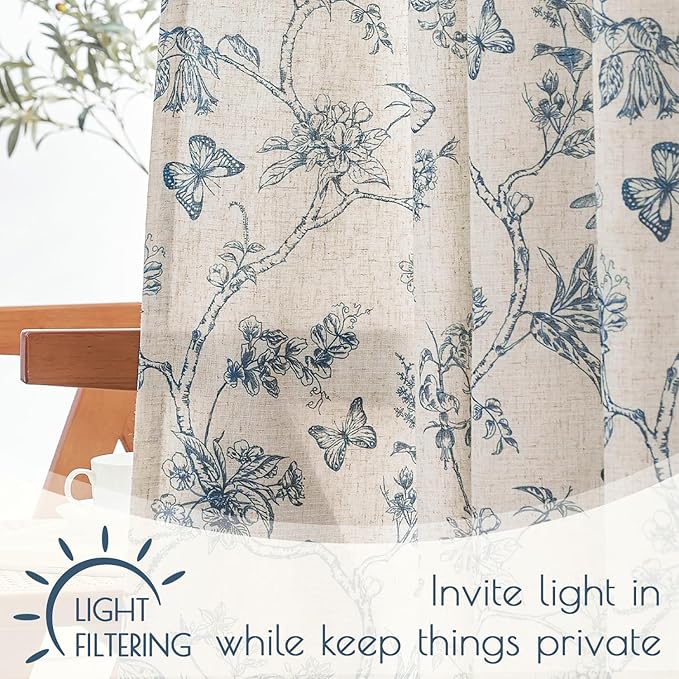 Lazzzy Charlotte Blue Floral Curtains 90 Inch Length Lined Linen Farmhouse Back Tab Drapes for Living Room Bedroom Light Filtering Vintage Rod Pocket, 2 Panels, Blue on Beige