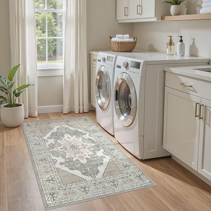 Tortania Area Rug Living Room Rugs - 3x5 Washable Rug Vintage Oriental Distressed Farmhouse Small Thin Indoor Carpet for Living Room Bedroom Under Dining Table Home Office - Sage Green