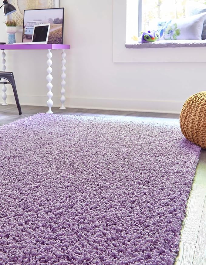 Unique Loom Solid Shag Collection Area Rug (4' 1" x 6' 1" Rectangle, Lilac) | Modern solid area rug for living room, bedroom & dining room. Stain-resistant, easy-care, kid & pet friendly