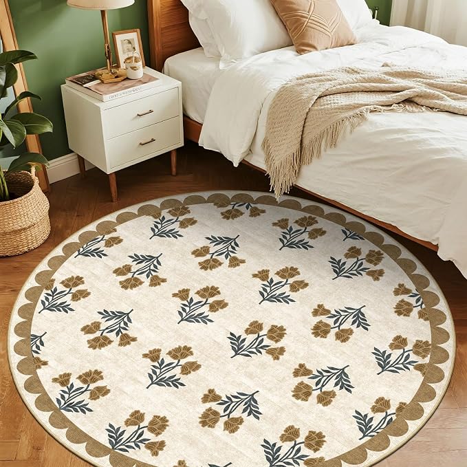 Beige 4ft Round Rug for Entryway - Washable Floral Boho Farmhouse Scalloped Round Area Rug for Bedroom Non Slip Stain Resistant Circle Rugs for Living Room Entryway Bathroom Nursery Apartment