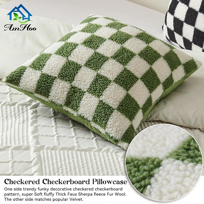 AmHoo Pack of 2 Decorative Throw Pillow Covers Checkerboard Luxury Super Soft Faux Fur Wool Set Case Cushion for Couch Sofa Bedroom 20 x 20-Inch Sage Green