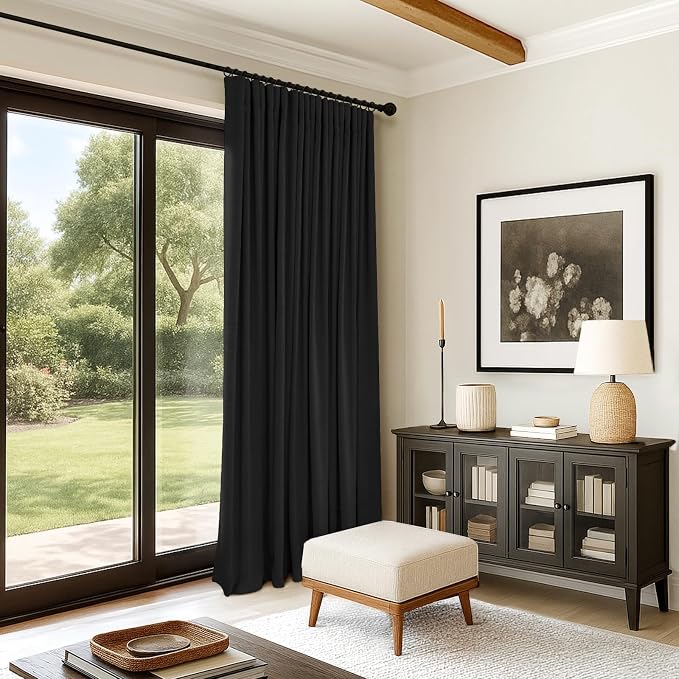 INOVADAY 100% Blackout Curtains for Bedroom, Black Out Curtains 108 Inch Long, Clip Rings Linen Blackout Drapes, Thermal Insulated Room Darkening for Living Room, 1 Panel - Black,W102xL108
