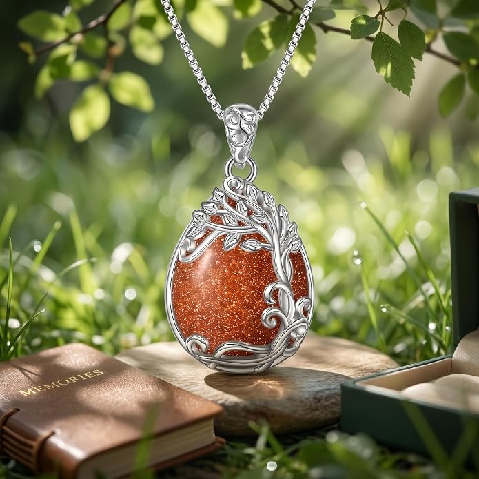 Teardrop Moonstone Necklace for Women Tree of Life/Filigree Birthstone Pendant Necklace Jewelry