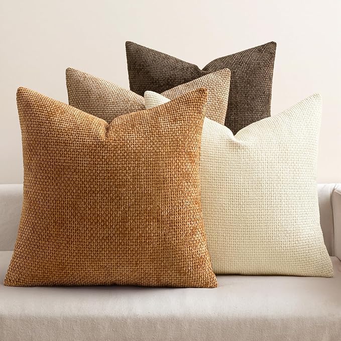 MIULEE Pack of 4 Brown Couch Throw Pillow Covers 22x22 Inch Soft Decorative Chenille Pillows Farmhouse Accent Cushions for Boho Fall Home Decor Sofa Bedroom Living Room