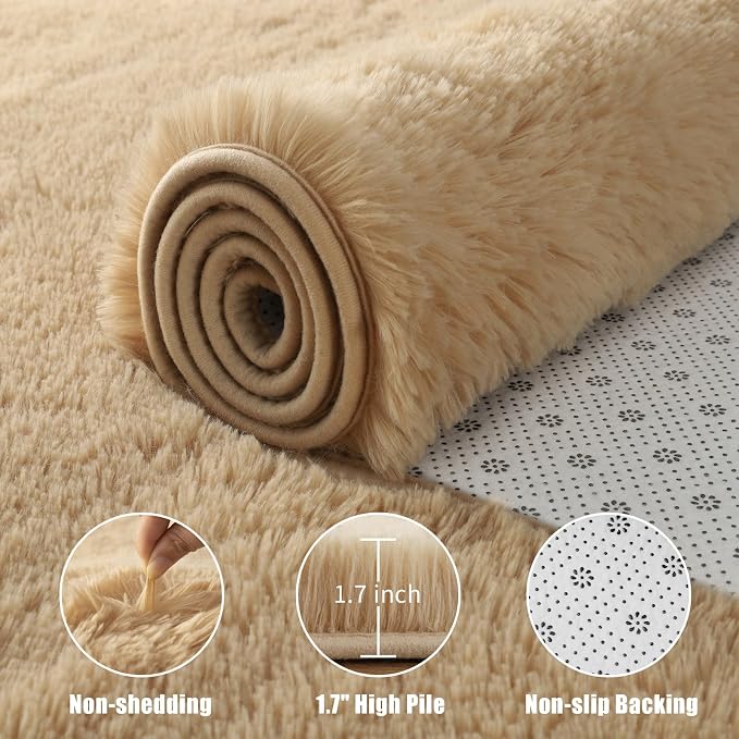 Macgace Fluffy Area Rugs for Bedroom Decor Aesthetic, 3x5 Beige Shag Rug with Non-Slip Dots for Living Room, Fuzzy Plush Carpet Washable Rug Modern Home Decor for Kids Nursery Girls Room Office