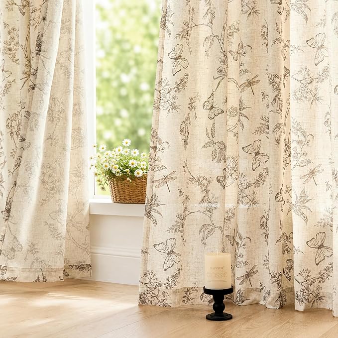Lazzzy Linen Taupe Floral Curtains 90 Inch Length Farmhouse Curtain Back Tab Drapes for Living Room Bedroom Light Filtering Vintage Rod Pocket Curtains, 2 Panels, Taupe on Beige