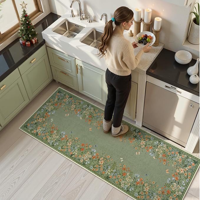 Wonnitar 2x6 Washable Runner Rug, Green Floral Hallway Runner, Boho Botanical Kitchen Rug, Non Slip Bedroom Runner for Side of Bed, Farmhouse Laundry Bathroom Decor (2x6 Green)