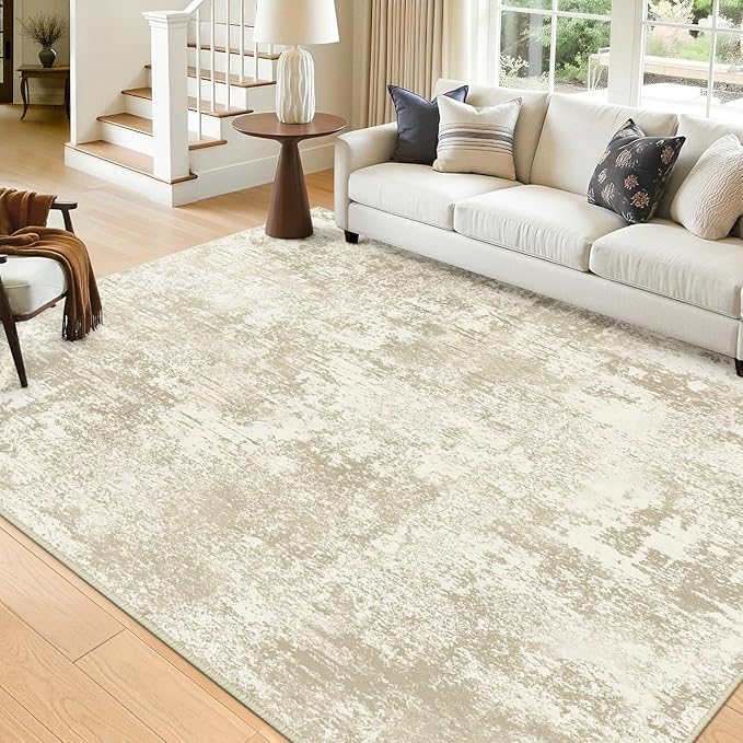 RELEANY Washable Area Rugs 6'x9' Non-Slip Modern Abstract Soft for Living Room Entryway Bedroom Kitchen, Print Pattern, Beige Cream Brown