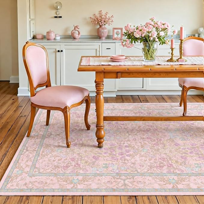Farmhouse Light Pink Washable Living Room Rug 5x8, Floral Area Rug for Bedroom, Nursery, Dining Room Under Table, Home Office, Low Pile Non Slip Boho Carpet, Soft Cottagecore Botanical Accent Mat