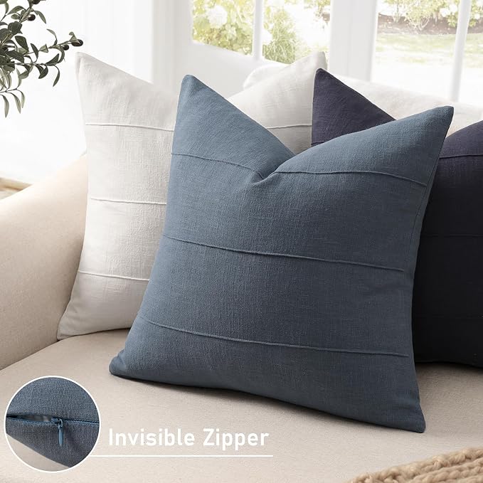 ZWJD Decorative Linen Throw Pillow Covers 24x24 Set of 2 Solid Handcrafted Striped Cushion Covers for Bed Soft Modern Farmhouse Neutral Pillowcase for Couch Bedroom Living Room Home Decor(Slate Blue)