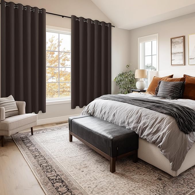 Hiasan Grommet Blackout Curtains for Bedroom, 70 x 63 Inches - Thermal Insulated & Light Blocking Window Drapes for Living Room/Dorm Room, Set of 2 Panels Sewn with Tiebacks, Brown
