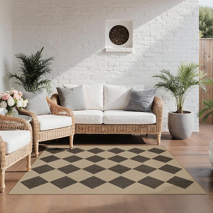 GENIMO Indoor Outdoor Area Rug 5'x8', Checkered Easy Jute Rug Machine Washable, Easy-Cleaning, Non Slip Geometric Diamond Outdoor Carpet for Patio, Living Room, Backyard, Porch, Deck, Balcony