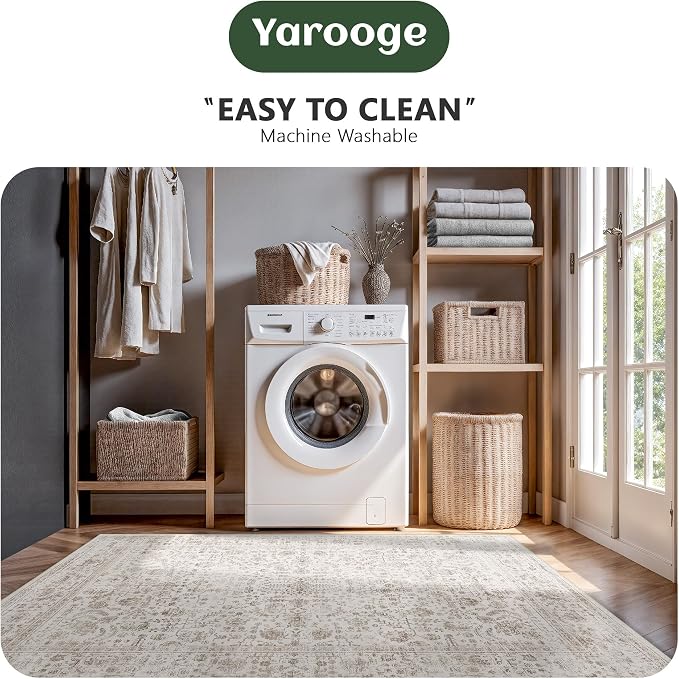 5x7 Area Rugs, Washable Vintage Retro Floral Rug for Living Room, Low Pile Non Slip Distressed Large Carpet for Bedroom, Dining Room, Office, Home (Light Brown)