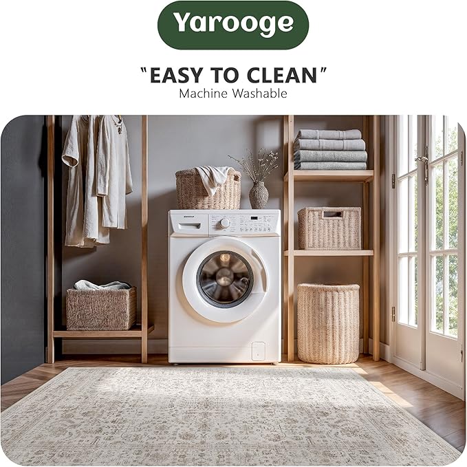 6x9 Area Rugs, Washable Vintage Retro Floral Rug for Living Room, Low Pile Non Slip Distressed Large Carpet for Bedroom, Dining Room, Office, Home (Light Brown)