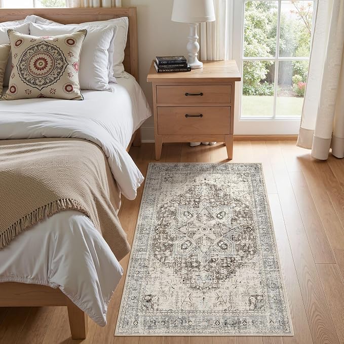 Tortania Area Rug Living Room Rugs - 3x5 Washable Boho Rug Vintage Oriental Distressed Farmhouse Small Thin Indoor Carpet for Living Room Bedroom Under Dining Table Home Office - Brown Blue