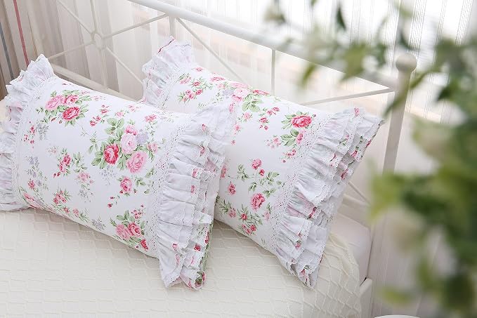 2-Pack Rose Floral Print Pillow Shams with Lace Ruffles Shabby Chic Queen Size Pillowcases 20 x 30 Country Vintage Style