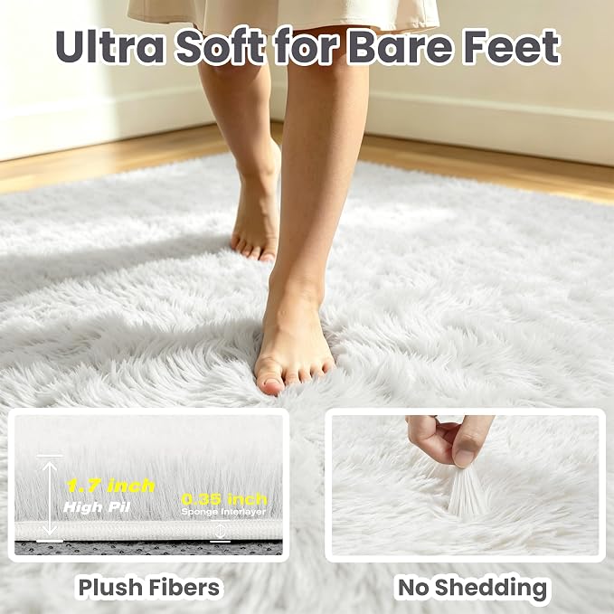 4x6 Area Rug for Living Room, Ultra Soft Fluffy White Rugs for Bedroom, Non Slip Large Shag Carpet, Fuzzy Plush Nursery Rug, Thick Washable Indoor Floor Carpets for Kids Office Dorm Home Decor
