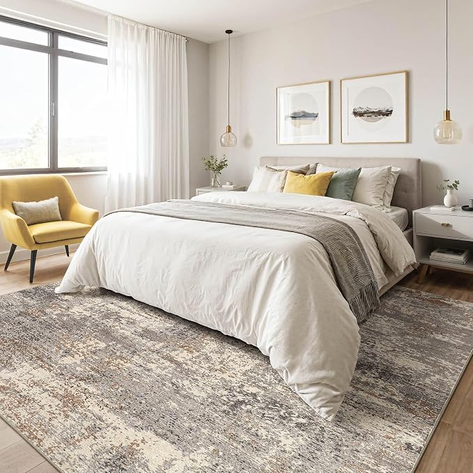 5x7 Area Rugs Living Room: Washable Large Abstract Neutral Modern Soft Rug Stain Resistant Indoor Floor Non-Slip Accent Carpet for Bedroom Nursery Playroom Dining Room Office Home- Sand Brown Black
