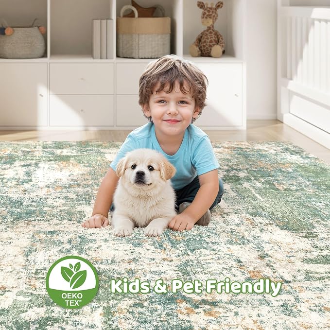 10x13 Area Rug Living Room: Washable Large Abstract Soft Green Rug Stain Resistant Indoor Floor Non-Slip Accent Carpet for Men Modern Home Enthusiasts Aged 25-45 - Bedroom Office Playroom