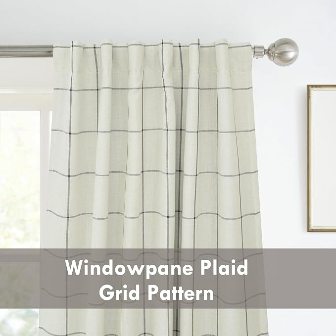 DriftAway 100% Blackout Plaid Linen Curtains 108 Inches Long 2 Panels Black | 100% Blackout, Linen Texture, Plaid Pattern, Two Layers, Rod Pocket & Back Tab, Bedroom Living Room Use, Luxury Appearance