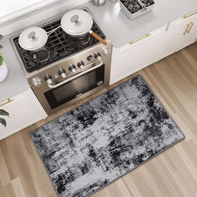 Rugflix 2x3 Entrance Rugs, Entry Rug Washable Non-Slip Stain-Resistant Low Pile Small Modern Dark Carpet, for Living Room Bedroom Indoor, Black Grey