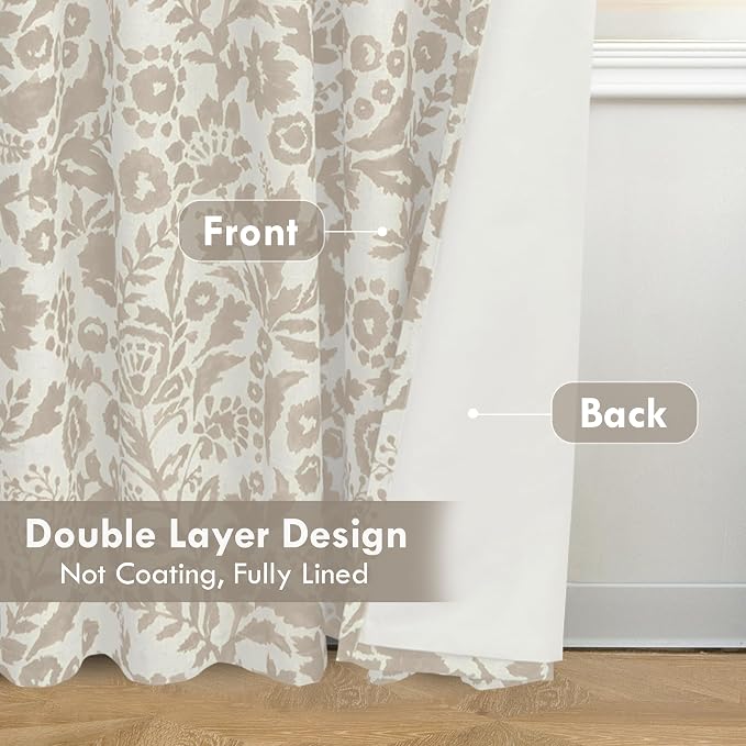 DriftAway Julia 100% Blackout Curtains Grommet 2 Panels, W52xL96, Beige | Floral Curtains, Bedroom, Living Room, Linen Blend, Watercolor Pattern, 2 Layers, Thermal Insulated, Window Treatment