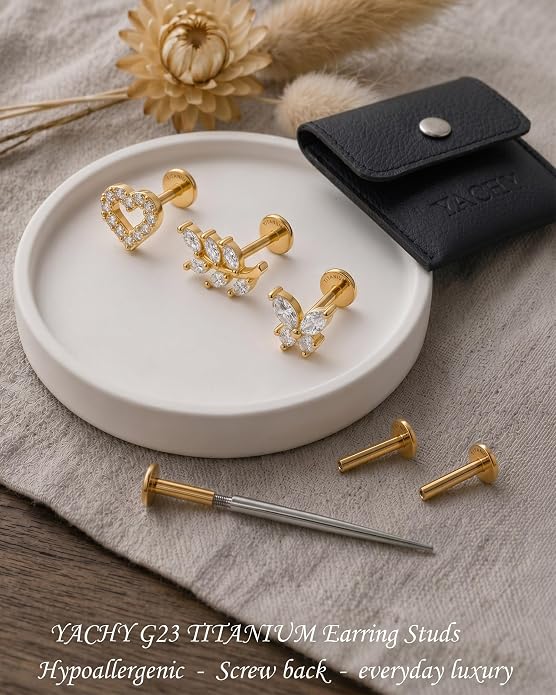 YACHY G23 Titanium Flat Back Stud Earrings, Internally Threaded Screw-On Hypoallergenic Body Piercing Jewelry for Everyday Wear, Tragus Helix Conch Monroe Medusa Lip, 18G 6mm 8mm