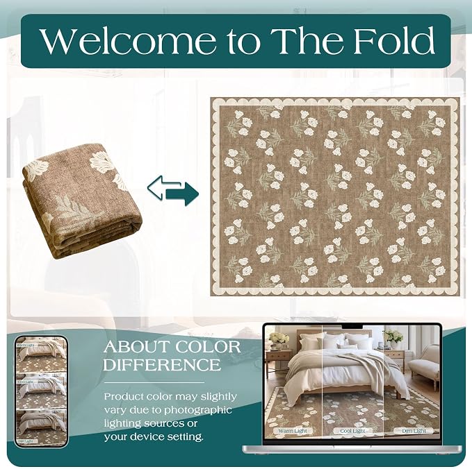 8x10 Area Rug for Living Room - Soft Washable Boho Bedroom Rug Non Slip Stain Resistant Tan Cottage Neutral Farmhouse Floral Scalloped Rugs for Bedroom Nursery Dining Room Rugs Under Table