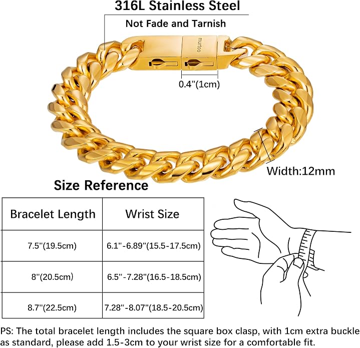 murtoo Mens Cuban Link Chain Bracelet, 6/8/12MM Stainless Steel Bracelets for Men Silver Black Gold, Hip Hop Link Bracelet with Detachable Clasp Gift for Men Him