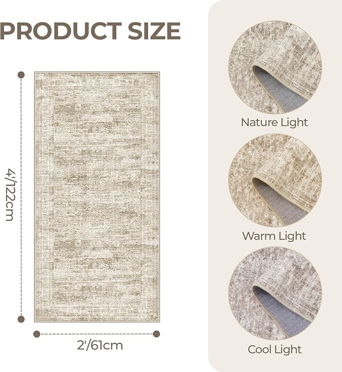 2x4 Rug Runners for Hallways Non Slip,Brown | Washable Rugs for Kitchen,Entryway,Bedroom,Bathroom,Nursery Room,Thin,Soft Runner Rug,Stain Resistant Indoor Carpet